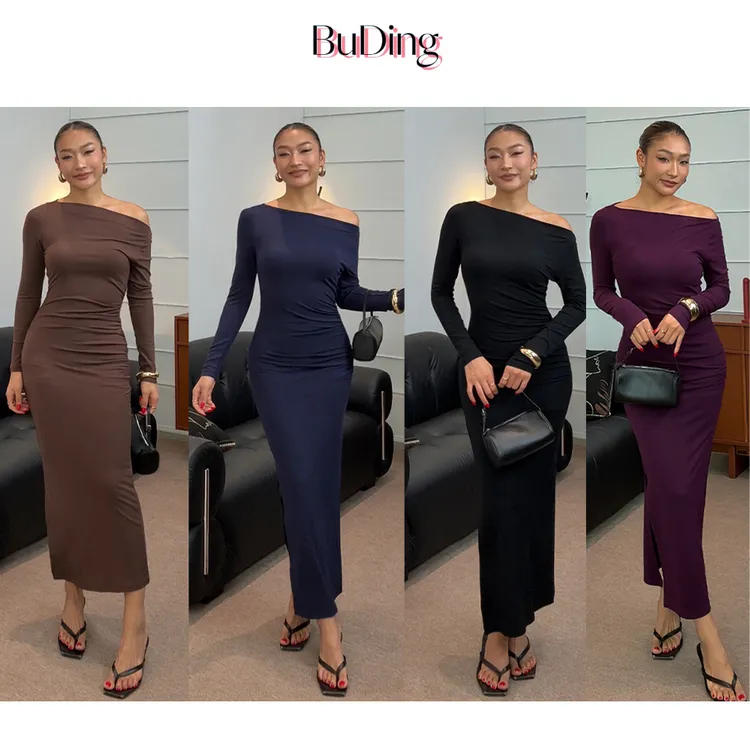 BuDing 气质修身长袖斜肩收腰开叉包臀连衣裙