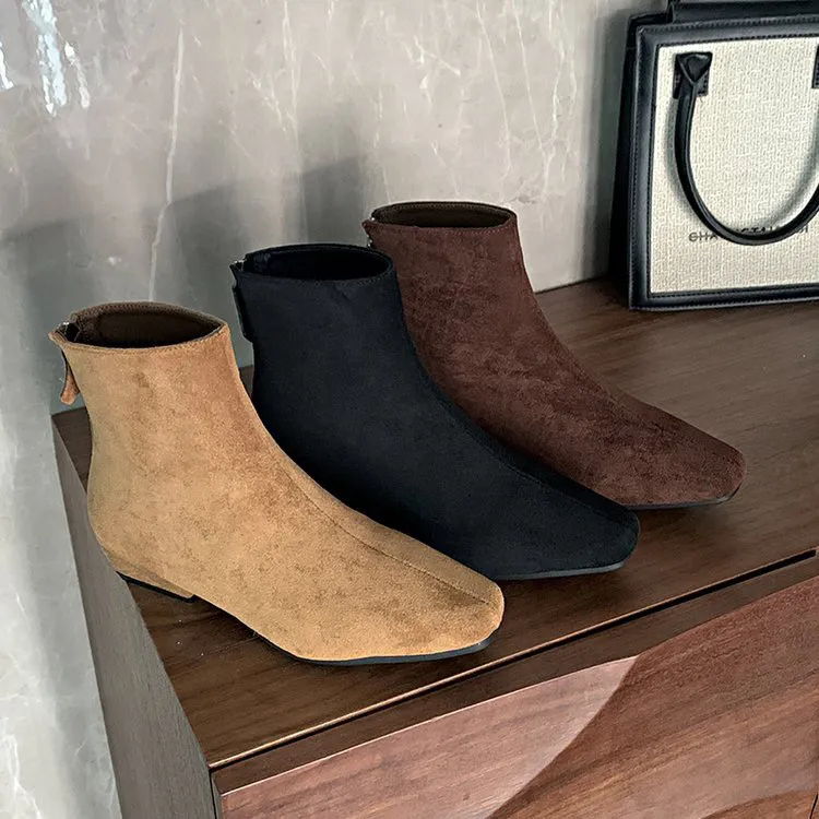 复古绒面方头瘦瘦小裸靴女2025冬季新款韩系简约弹力短靴西部靴子