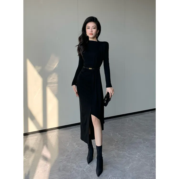 JIJINQI显瘦长袖黑色裙子开叉收腰修身秋冬针织连衣裙JC11LZPT636