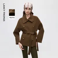 朗姿复古双排扣羊毛短款毛呢外套女士翻领设计感2025年冬季新款