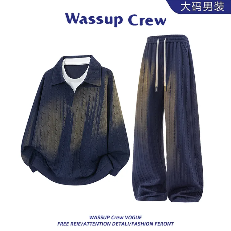 WASSUP CREW男士大码提花卫衣套装春秋季新款美式高级感两件装女
