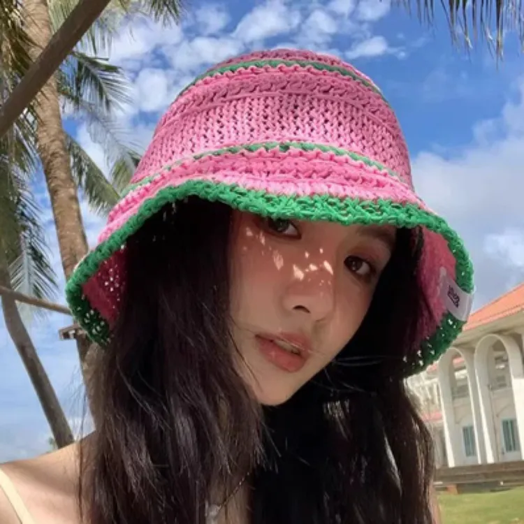 韩系多巴胺拼色编织草帽女夏季度假风盆帽遮阳防晒帽子出游渔夫帽
