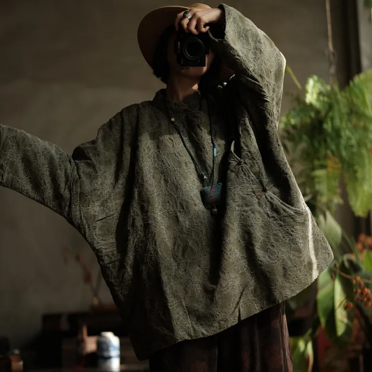小泥姑娘原创女装复古棉麻宽松做旧雪花洗文艺棉衣外套2129提花绿