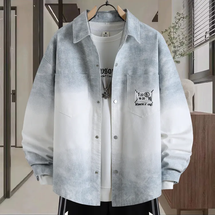 渐变牛仔长袖衬衫夹克男2025秋季工装水洗夹克休闲百搭宽松港风