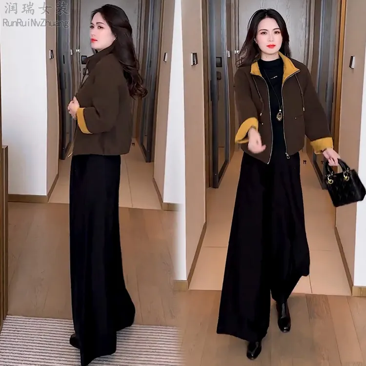 时尚撞色设计毛呢短外套女2025冬季新款洋气宽松减龄短款夹克通勤