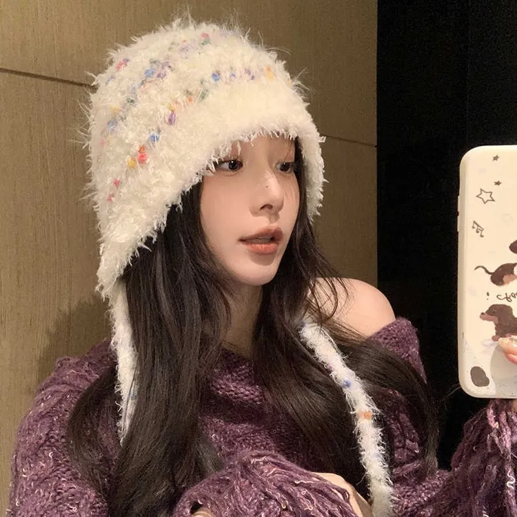 ins彩色小糖豆手工编织绑系渔夫帽女款秋冬出游氛围感可爱毛绒帽