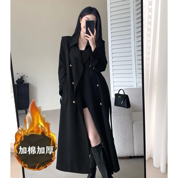 【春上新】黑色风衣女装春秋气质双排扣设计显瘦中长款外套时尚百搭