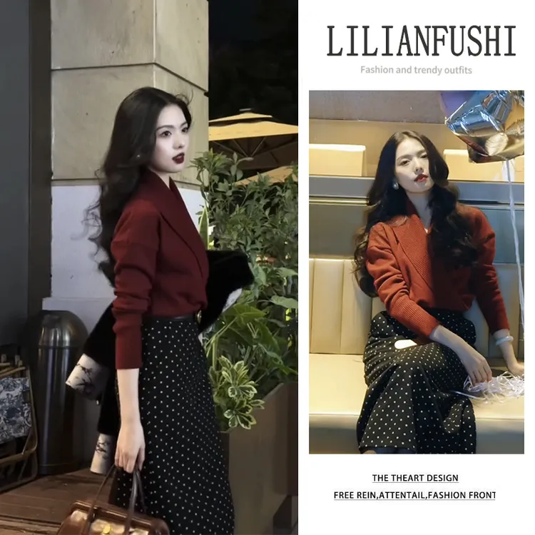 今年流行穿搭2026新款新年红色长袖针织衫高腰波点半身裙两件套女