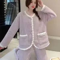 加厚新款睡衣女珊瑚绒加厚小香风加绒套装甜美家居服D
