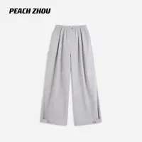 『PEACHZHOU』水洗斜纹棉压褶纽扣装饰宽松休闲裤松紧腰通勤阔腿裤