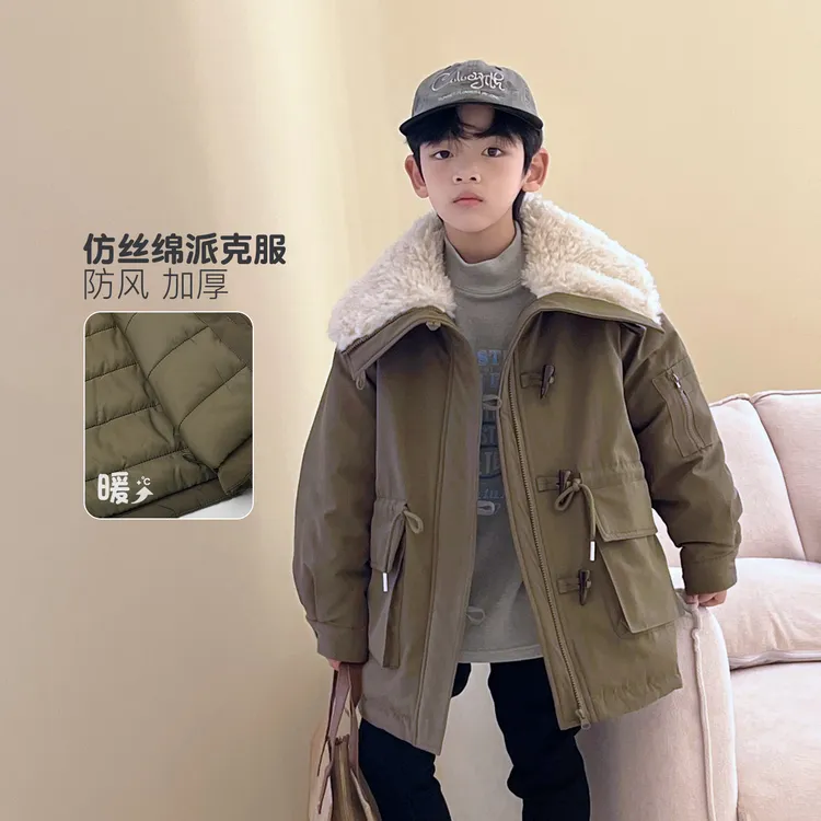 男童牛角扣派克服加厚儿童中大童童装翻领中长款外套511538O0