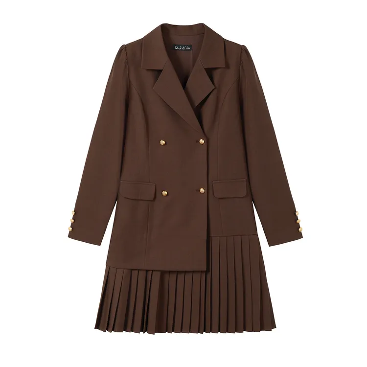 【奢姿】大码女装2025冬季时尚咖色百褶拼接西装裙胖妹妹气质裙装