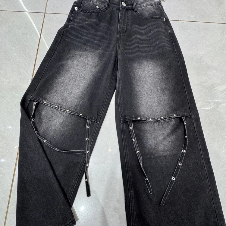 直筒牛仔裤长裤秋季时尚潮流复古做旧黑灰设计感宽松