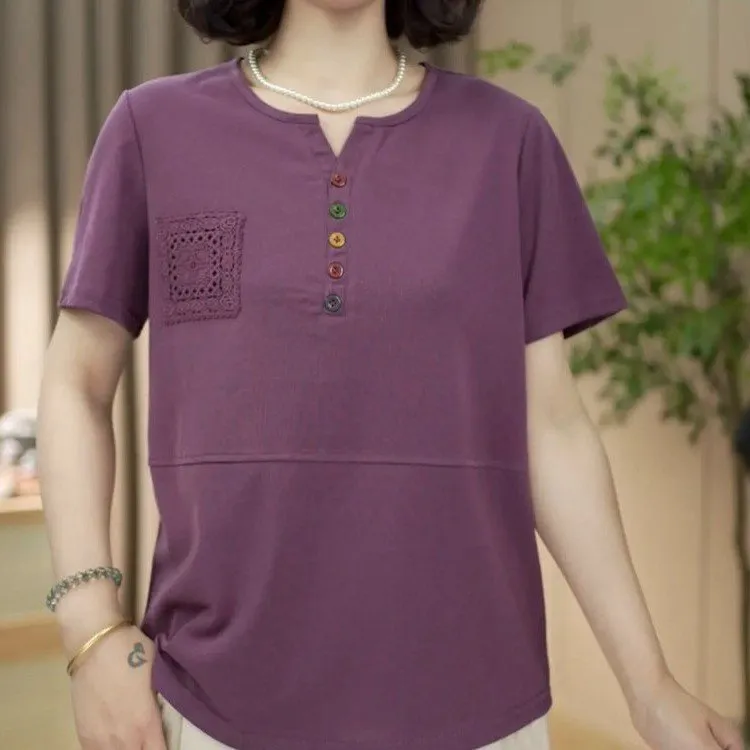2025新款拼接纽扣纯色常规T恤休闲夏装薄款休闲宽松女装短袖小V领