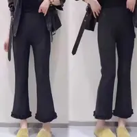 2025早秋新款木耳边微喇裤女高腰显瘦百搭弹力休闲裤花边九分裤子