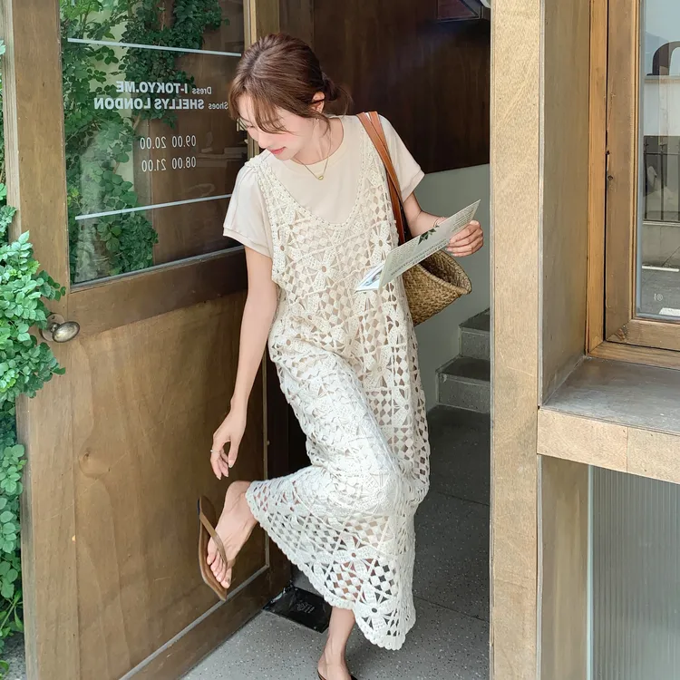镂空蕾丝罩衫连衣裙套装女夏2025新款法式温柔风气质T恤裙两件套