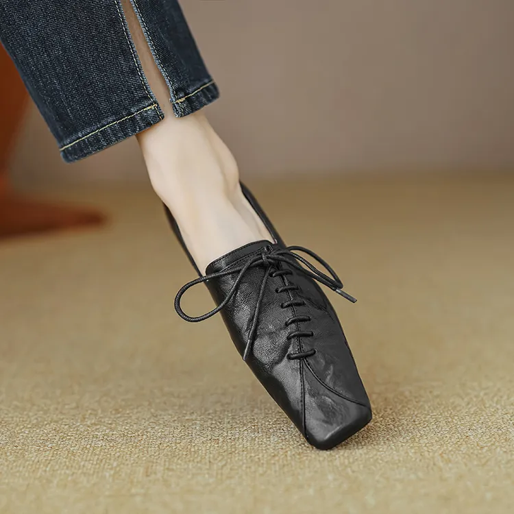羊皮版真皮方头深口系带英伦风单鞋女法式复古黑色通勤软底小皮鞋