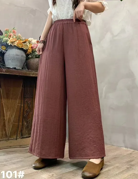 新款天丝亚麻显瘦遮肉时尚大气优雅小阔直筒裤