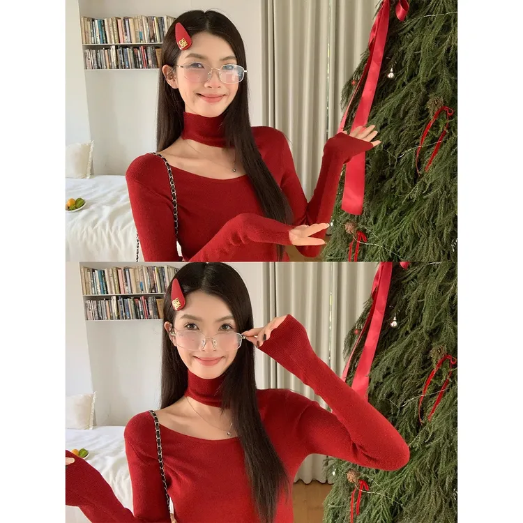 红色高领毛衣女秋冬内搭可外穿设计感针织打底衫2025漂亮时髦上衣