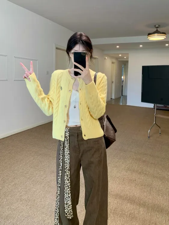 高级感慵懒风黄色针织开衫毛衣外套女2024早秋新款上衣百搭阔腿裤