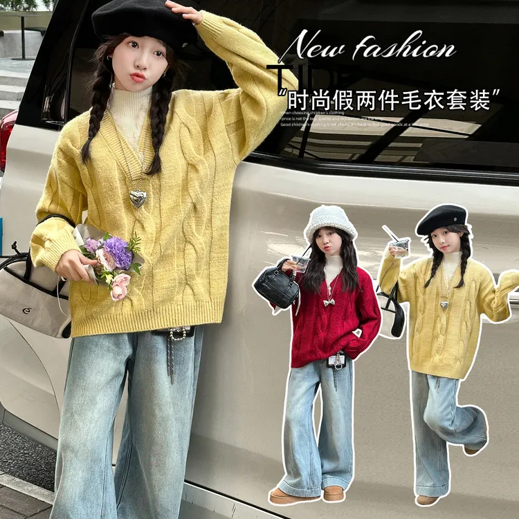 女童秋冬新款韩系假两件毛衣中大童女孩慵懒风高领针织衫9-12岁15