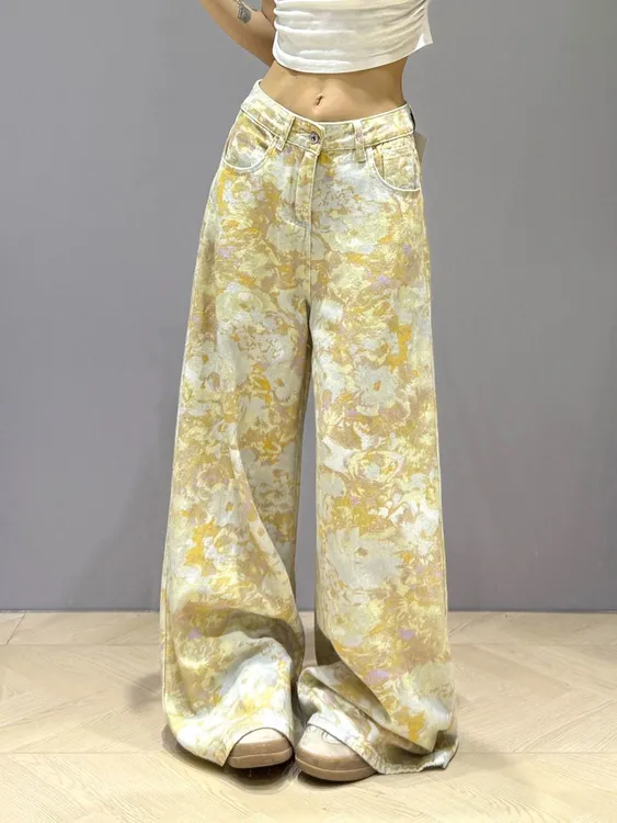 黄色扎染印花牛仔裤女2025夏季薄款宽松直筒花色晕染拖地阔腿裤子