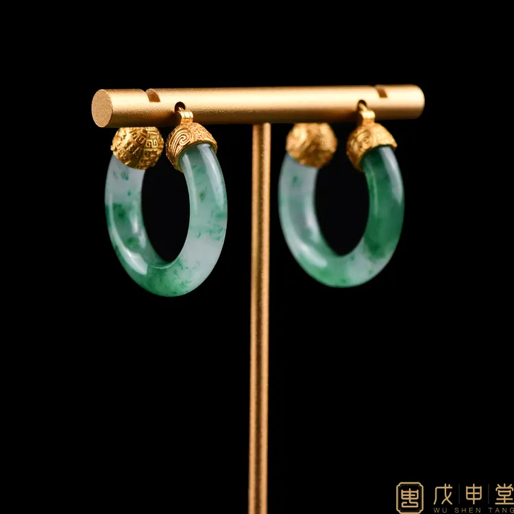 戊申堂【金托翠环 · 圆满】银鎏金冰玉百搭耳扣独龙玉耳饰 国风珠宝