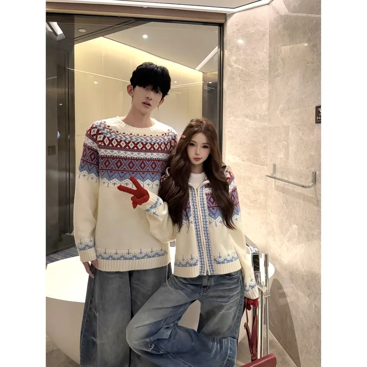 圣诞情侣装秋冬新款ins超火毛衣男女韩版宽松法式针织衫外套潮牌