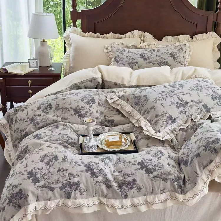 秋冬法式复古磨毛蕾丝花边加厚四件套印花被套床单床上用品