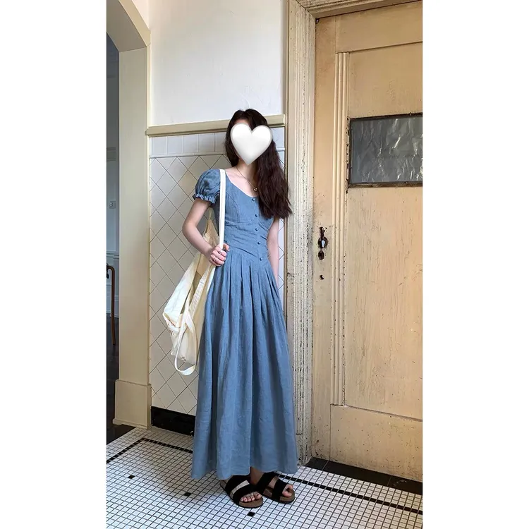 棉麻气质吊带连衣裙2025夏季法式复古短袖中长裙