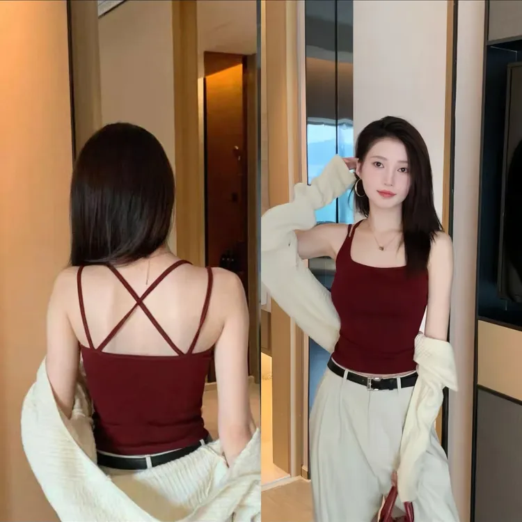 交叉美背吊带辣妹背心女2025新款外穿带胸垫内搭显瘦吊带背心女E