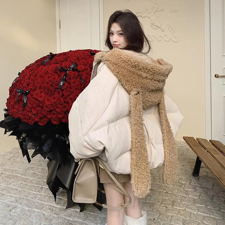奶fufu可爱网红短款羽绒服女小个子兔耳朵连帽加厚冬90白鸭绒外套