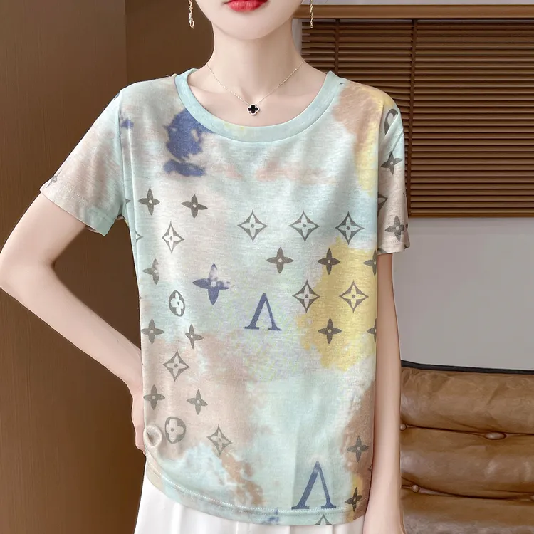 女士莱赛尔天丝夏季短袖显瘦洋气时尚宽松个性圆领扎染彩墨画