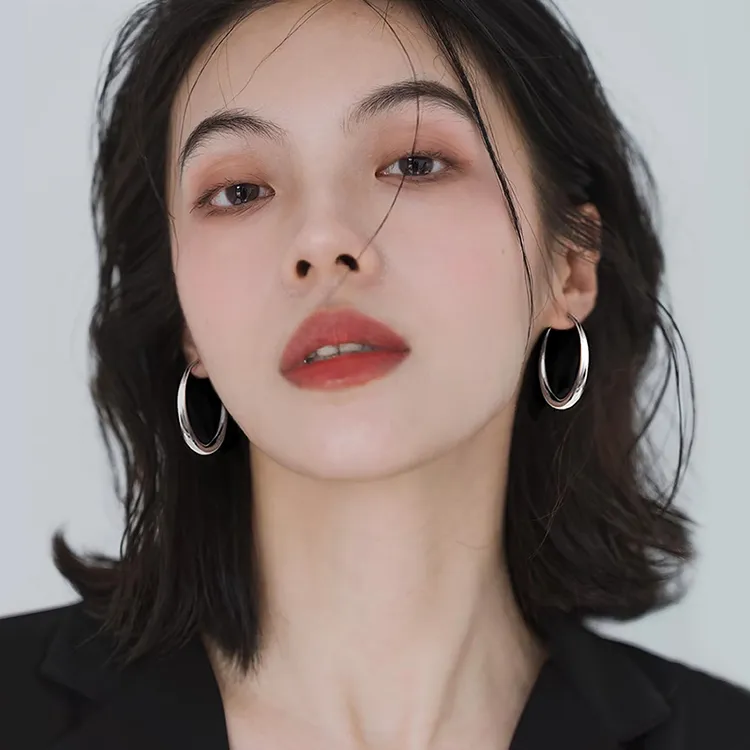 足银耳饰 999纯银针素圈耳环大圆圈耳钉女时尚耳圈小众耳钉