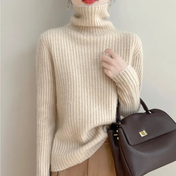 正品高档100%纯羊毛衫女款高领内搭针织打底衫冬季加厚堆领毛衣女
