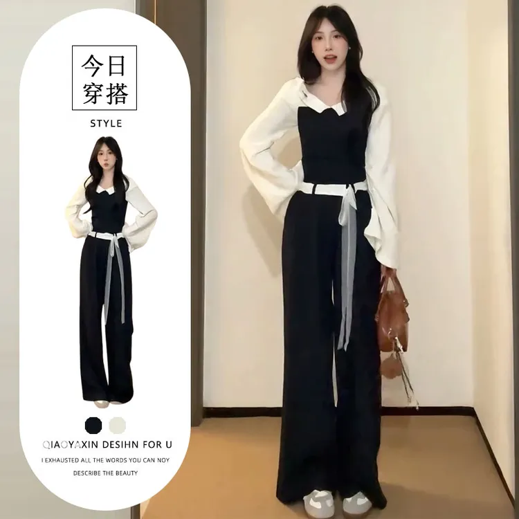 2025秋季新款韩系通勤穿搭气质衬衫上衣高腰休闲阔腿裤时尚两件套