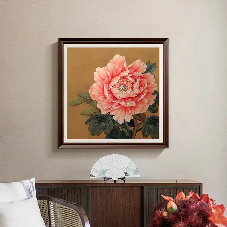 u作【国色天香】手绘油画玄关挂画客厅新中式中古风装饰画