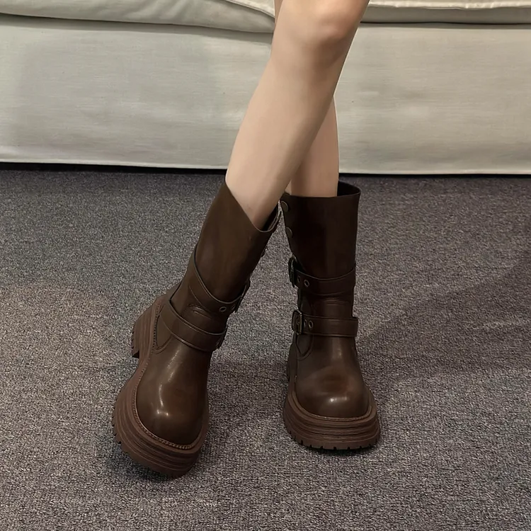复古粗跟厚底马丁靴女2025新款秋季英伦风显瘦增高可翻折两穿靴子
