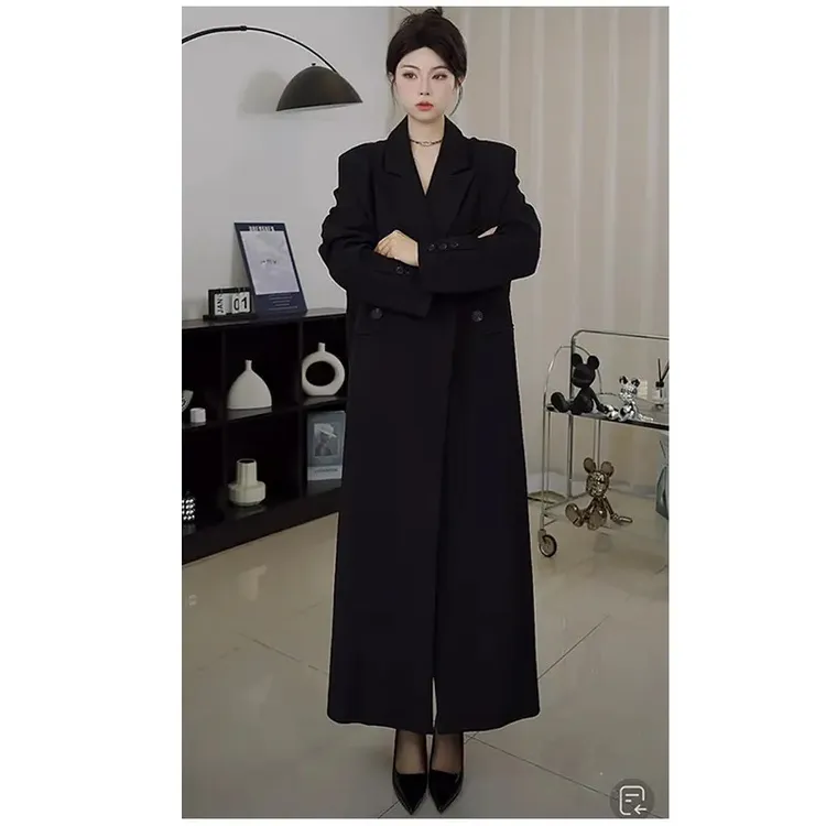 黑色西装大衣女春秋季新款时尚高级宽松显瘦长款过膝休闲气质外套