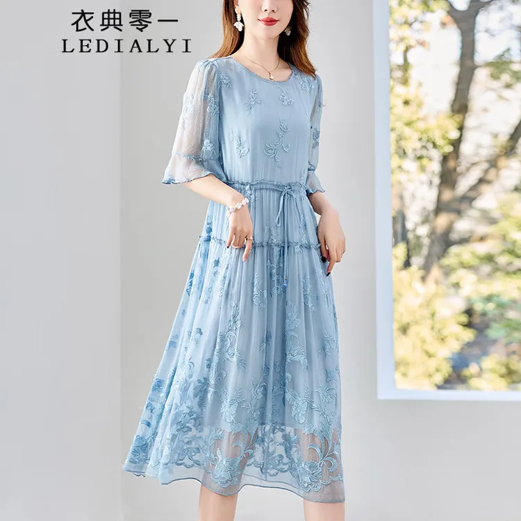 真丝连衣裙2025夏季女装新款杭州高端品牌中年桑蚕丝碎花裙子夏天