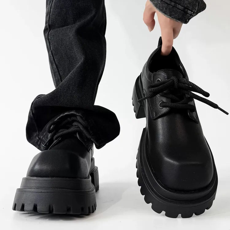OUBOPOR厚底增高方头皮鞋男通勤复古松糕德比鞋cos黑色米奇大头鞋
