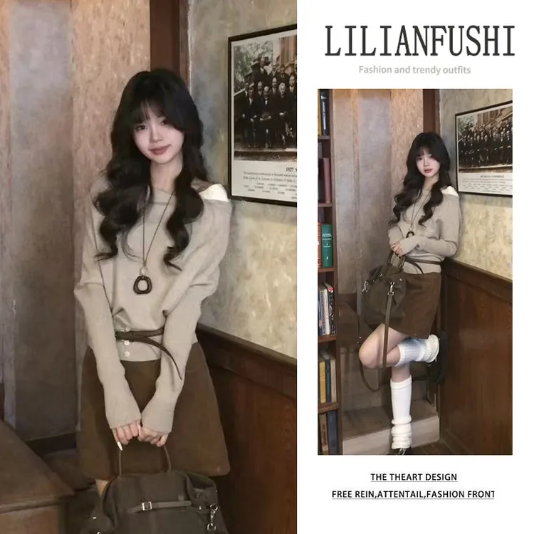 韩系氛围感穿搭2026早春新款漂亮毛衣美拉德色系上衣半身裙两件套