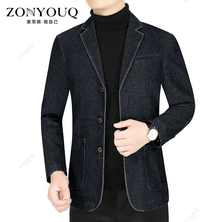 西装男士春秋季牛仔西服商务休闲韩版修身潮流百搭单西中青年外套