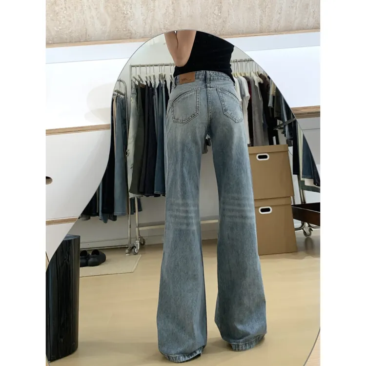 美式复古微喇牛仔裤女2025秋季新款拼接口袋设计宽松不贴腿喇叭裤