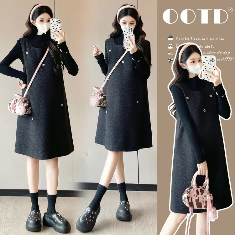 秋冬新款大码孕妇装小香风设计感毛呢减龄背心裙+孕妇装秋冬装