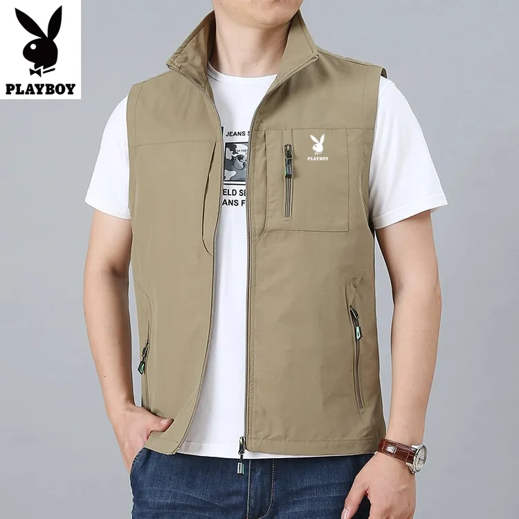 PLAYBOY/花花公子男士马甲背心爸爸装立领坎肩户外夏季户外钓鱼服