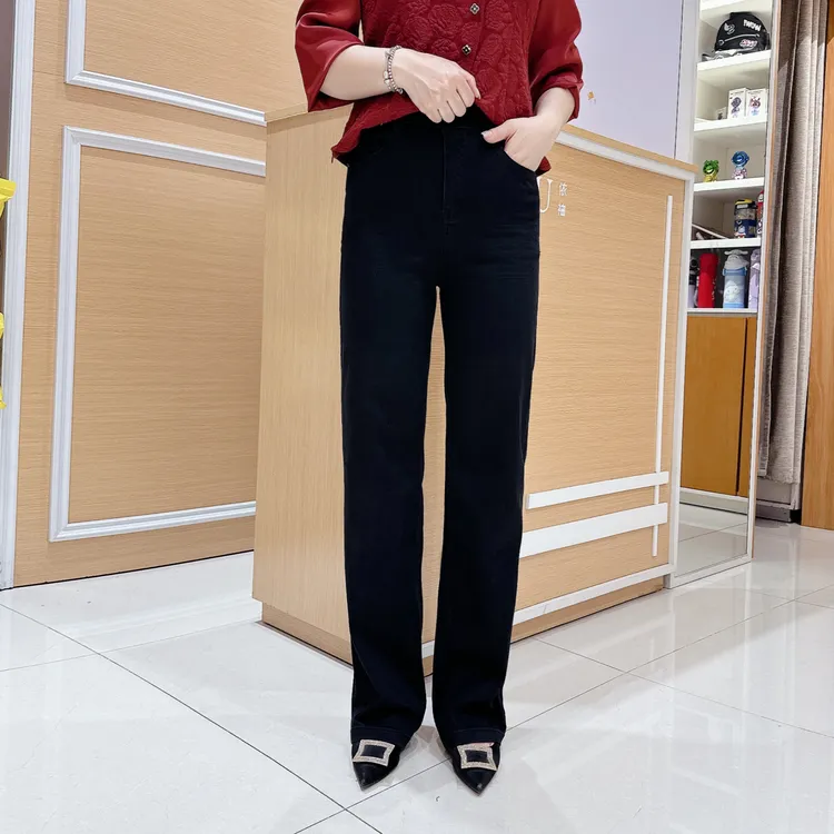 南韩高档直筒牛仔裤6-91883女秋冬磨毛保暖显瘦气质长裤/长度103