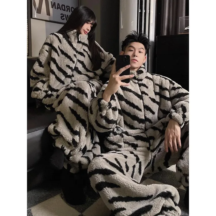 FAVMARTHA情侣睡衣女秋冬季珊瑚绒加厚加绒可外穿男士法兰绒冬天