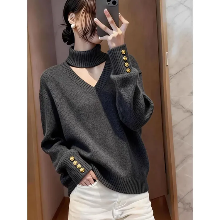 韩系穿搭灰色镂空v领挂脖毛衣女秋冬季宽松慵懒风内搭打底针织衫