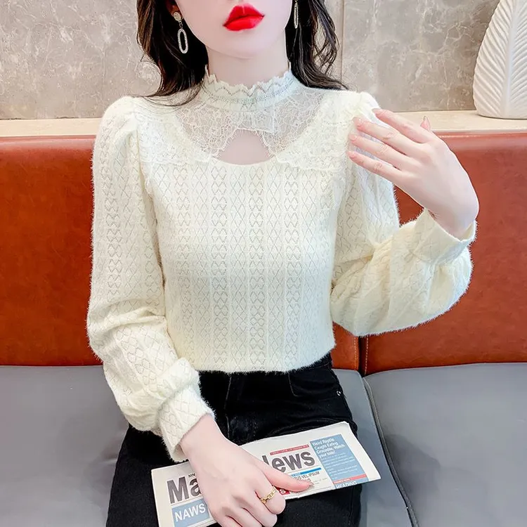 秋冬法式新款长袖蕾丝打底衫加绒加厚气质修身显瘦洋气高端上衣